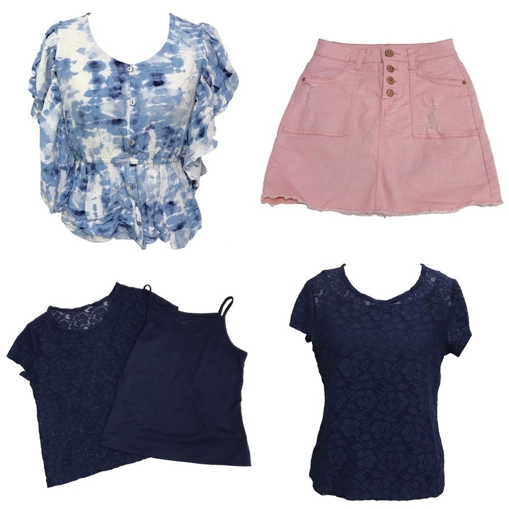 Justice 4 Piece Bundle Lace Blouse Blue Boho Blouse and Jean Skirt Size 14 14/16